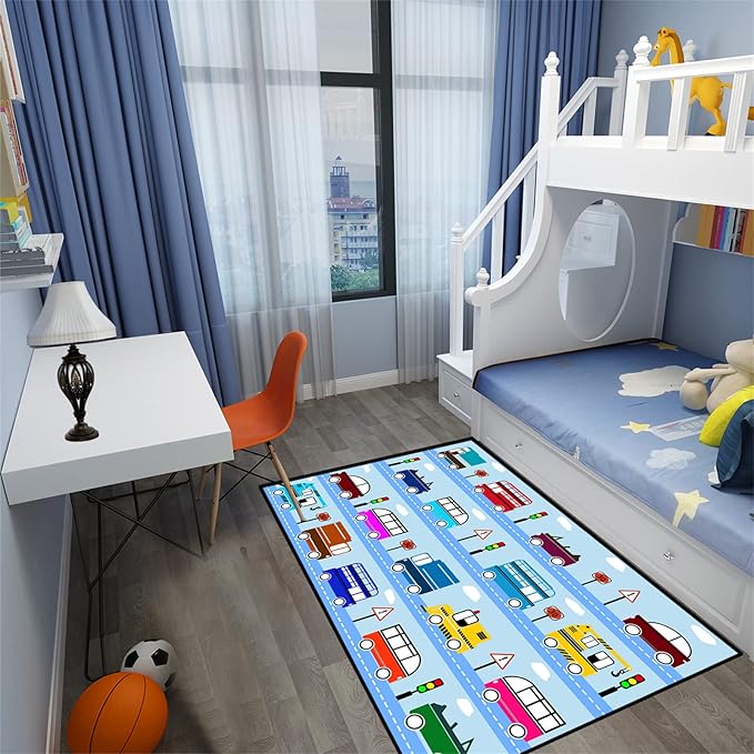 Car Rug Car Play Mat Kids Rugs for Playroom Car Rug Play Mat Rugs for Boys Bedroom Car Carpet for Kids Play Rug for Cars and Trucks Car Rug for Boys Room,Light Blue 4'×5'