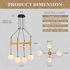 Natural Farmhouse Wood Chandeliers Vintage Milk Glass Pendant Light L24 '' Mid Century Long 4-Light Hanging Fixture for Living Dining Room Entryway Foyer Bedroom Kitchen,G9