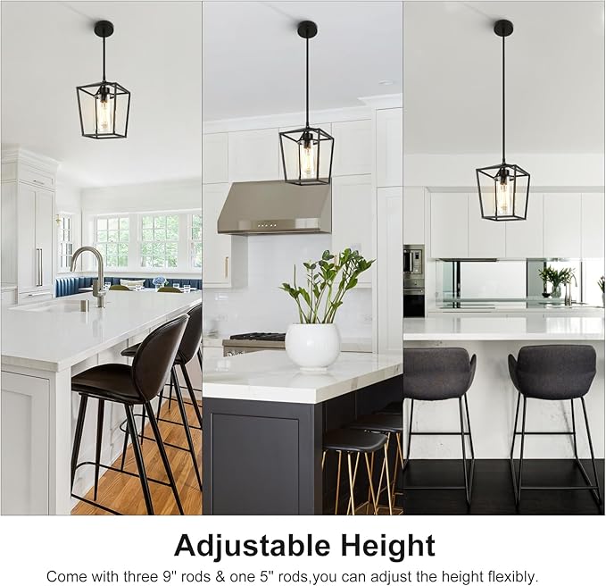 3 Pack Black Pendant Lights for Kitchen Island, 1-Light Farmhouse Metal Pendant Light Cage Kitchen Hanging Light Fixtures with Clear Glass Shade for Dining Room, Entryway, Hallway, Foyer