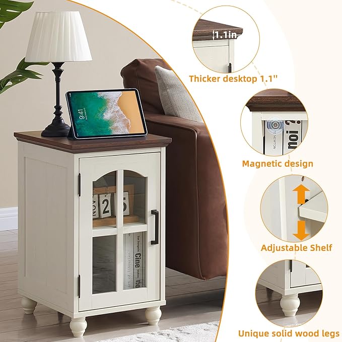 Narrow Side Table Set of 2,White Nightstand with Charging Station,End Table with Glass Barn Door Storage, Cabinet Organizer with Adjustable Shelf, Night Stand for Small Spaces Living Room Bedroom