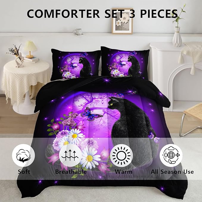 Black Cat Bedding Cartoon Cat Comforter Set Twin,Daisy Butterflies Printed Kids Bedding Set for Kids Boys Girls Adults Room Decor,Kids Comforter Set All Season,1 Quilt 2 Pillow Cases,Purple