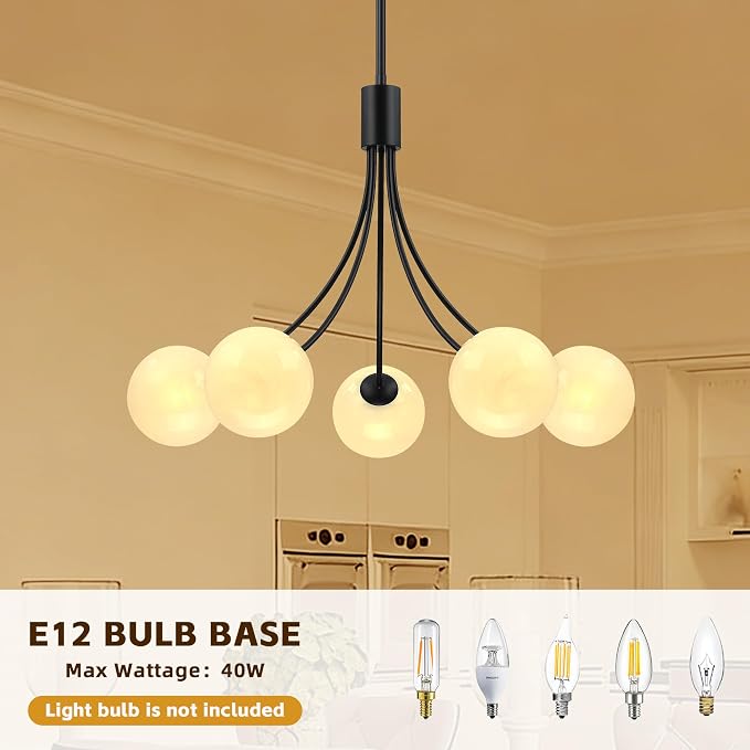Bubble Chandelier, Modern Sputnik Dining Room 5-Light Chandelier with Black Finish and Glass Globes for Kitchen Bedroom Foyer and Living Room