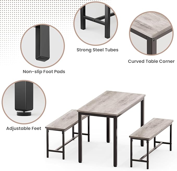 Dining Table Set for 4, Kitchen Table with 2 Benchs, Grey | Modern Functional 3 Piece Space-Saving Dining Room Table Set for Apartment, Breakfast Nook, Small Space