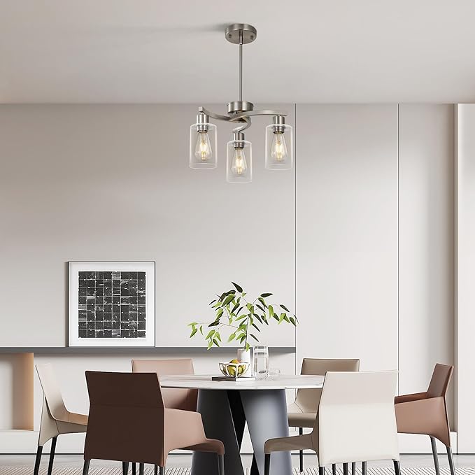 3-Light Brushed Nickel Dining Room Light Fixture,Modern Kitchen Chandeliers Over Table，Adjustable Height Industrial Hanging Pendant Lights for Kitchen Island with Glass Shade