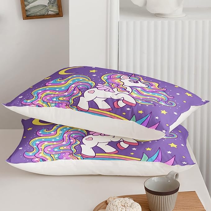 Unicorn Comforter Queen Size,Rainbow Unicorn Comforter Set for Kids Teens Girls,3Pcs Bedding Set Printed Comforter with 2 Pillowcases,Down Alternative,Soft and Lightweight(Purple，Queen Size)