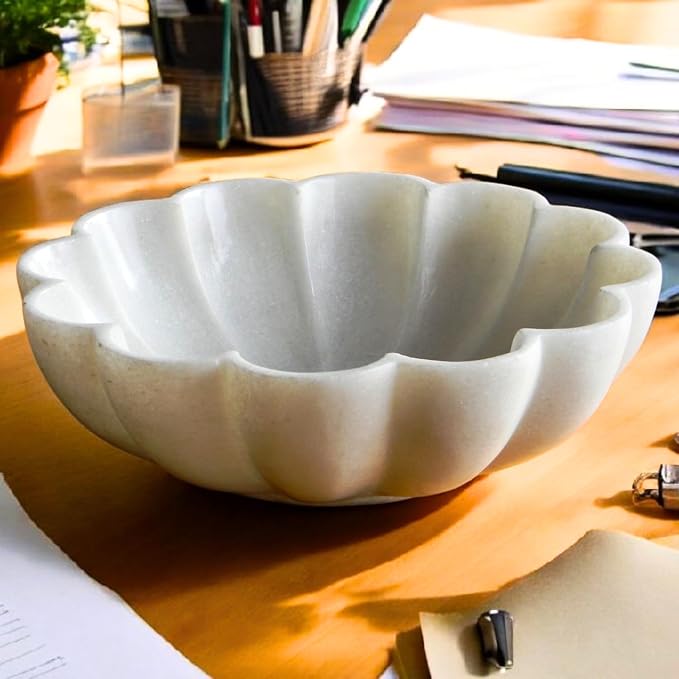 10" Large Ruffle Scalloped Bowl for Home marble decor, Handcrafted White Marble Decorative Bowl – Entryway, Kitchen Counter & Living Room kitchen counter decor