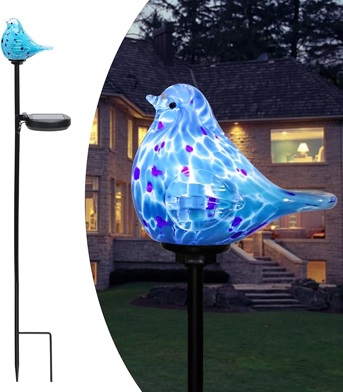 Afirst Decorative Solar Lights Outdoor Solar Bluebird Stake Lights Hand Blown Glass Decorative Garden Pathway Lights Outdoor Waterproof Glass Stakes