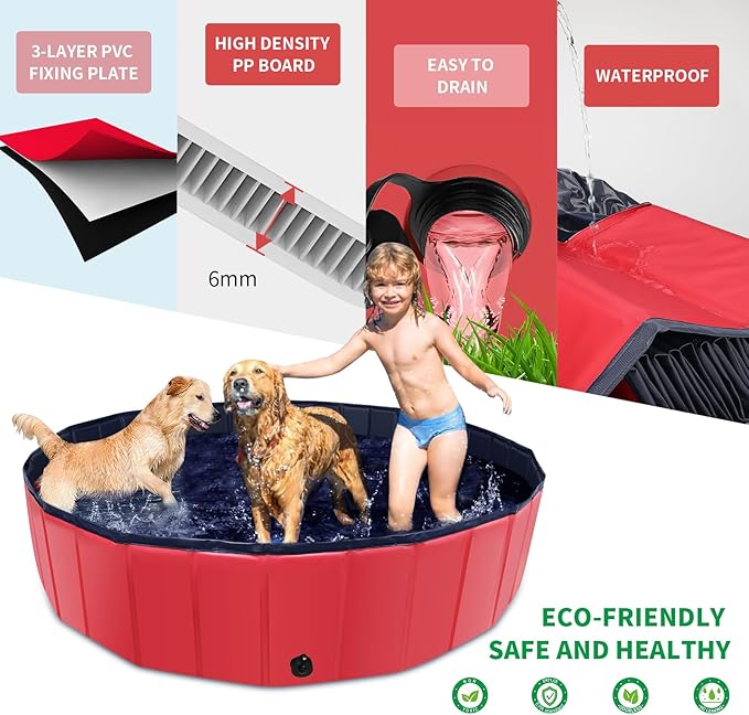 Foldable Dog Pool, 32" x 8" Kiddie Pool with Hard Plastic, Non-Slip Dog Bath Tub for Outdoor Backyard, Collapsible Dog Swimming Pool for Kids Dogs Pets (Red)