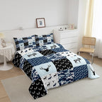Cute Deer Comforter Set Twin, Military Camo Bedding Set for Kids Boys Teens Bedroom Tribal Animal Antlers Silhouette Quilted Comforter Checkered Plaid Arrows Bedding Comforters, Army Blue and White