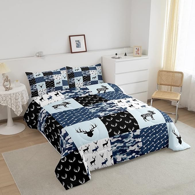 Cute Deer Comforter Set Queen, Military Camo Bedding Set for Kids Boys Teens Bedroom Tribal Animal Antlers Silhouette Quilted Comforter Checkered Plaid Arrows Bedding Comforters, Army Blue and White