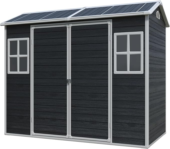 LANTRO JS Storage Shed with Floor Included, 4x8ft Outdoor Plastic Shed with 2 Windows and Lockable Door for Garden Tools, Bike