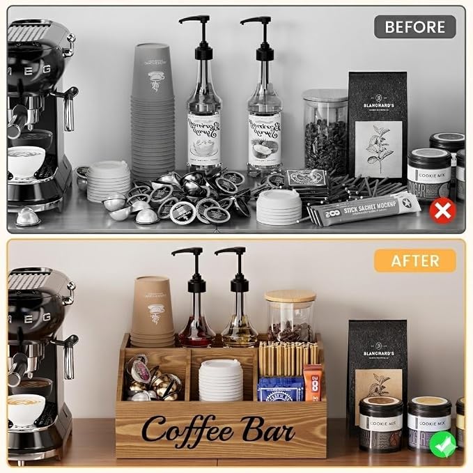 2 Pack Coffee Station Organizer for Countertop – Wooden Coffee Bar Organizer with Adjustable Dividers,Holds K Cup Pod & syrup bottles, for Kitchen, Office, or Bar and Tea Station, Brown