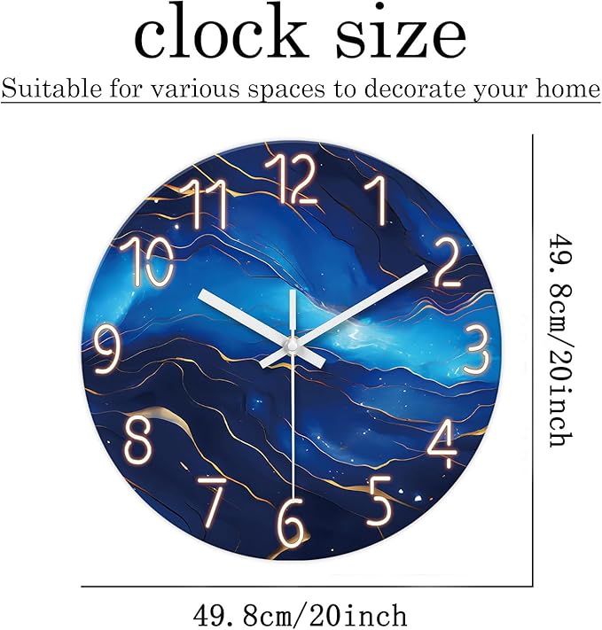 Blue Glass Wall Clocks Battery Operated 20 Inch Marble Large Wall Clocks for Living Room Round Non Ticking Wall Clock Silent