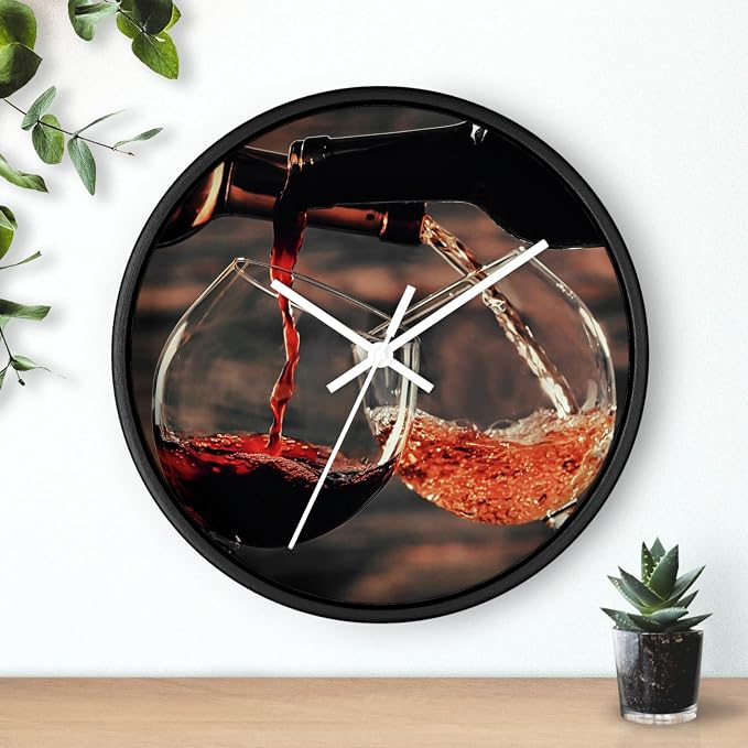 Mozingo ~ Wine Clock for Kitchen Bar Wall It's Wine O'clock Silent Time Gift Home Decor Made In USA, 10" (Hour Marks - None, Clock Frame Color - Black, Wine Theme #01)