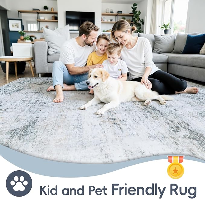 10x12 Washable Area Rug for Living Room Bedroom: Non-Slip Modern Blue Grey | Machine Washable TPR Backing, Stain-Resistant Low Pile, Pet & Kid Friendly, Abstract Decor for Dining Room, Dorm, Home Office