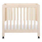 Babyletto Origami Mini Portable Crib Folding with Wheels in Washed Natural, 2 Adjustable Mattress Positions, Greenguard Gold Certified