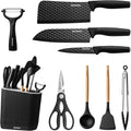 Knife Set with Block,9 Pieces Kitchen Knives and Heat Resistant Silicone Kitchen Utensils Set with Wooden Handle,Ideal Cooking Tools for Kitchen