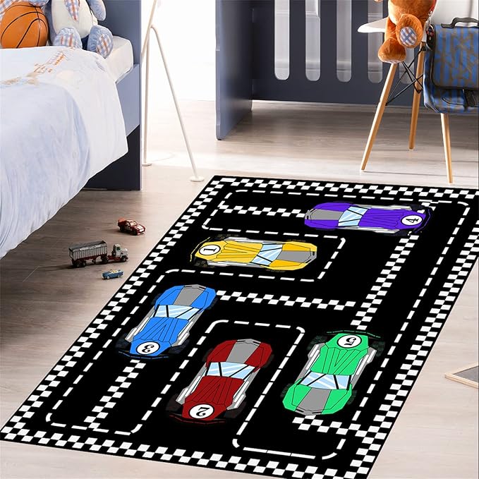 Car Rug Race Car Rug Car Track Rugs for Boys Race Track Carpet Race Car Track Rug Car Rug for Boys Room Car Rug Play Mat Car Carpet for Kids Rugs for Boys Bedroom,Black 5'×7'