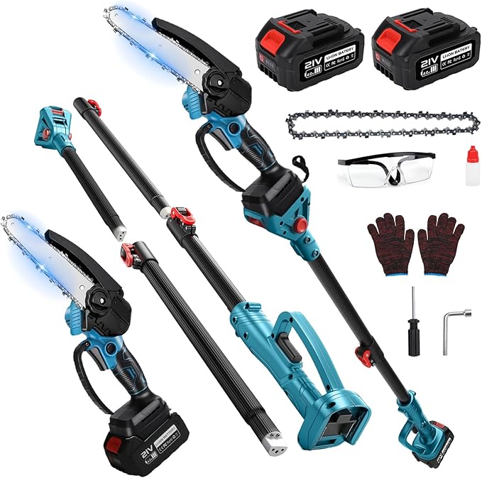 2 in 1 Cordless 6 inch Pole Saw & Mini Chainsaw with 2× 21V Battery, Electric Polesaw with Extension Pole for Tree Trimming