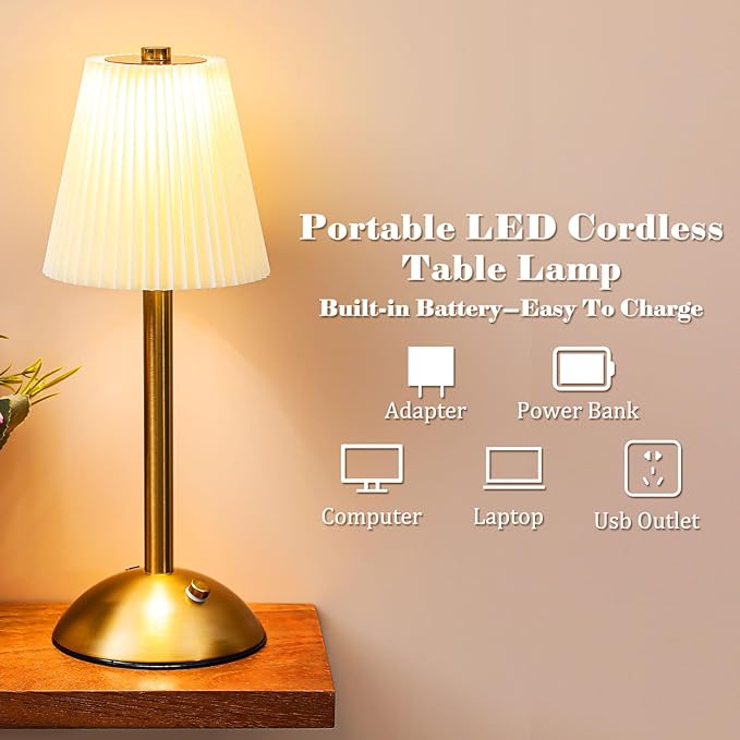 Liliful 2 Pcs LED Portable Cordless Table Lamp Touch Battery Operated Rechargeable Desk Lamp 3 Color Dimmable for Bedroom Living Room Dining (Beige Cloth Style,Gold)