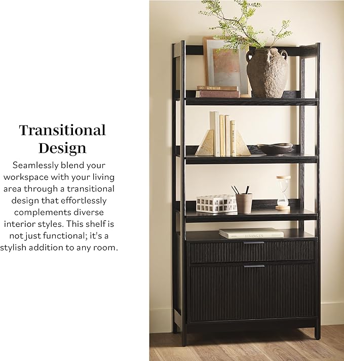 Walker Edison Modern Reeded 4-Shelf Bookshelf Bottom, 33 Inch, Two-Drawer Black