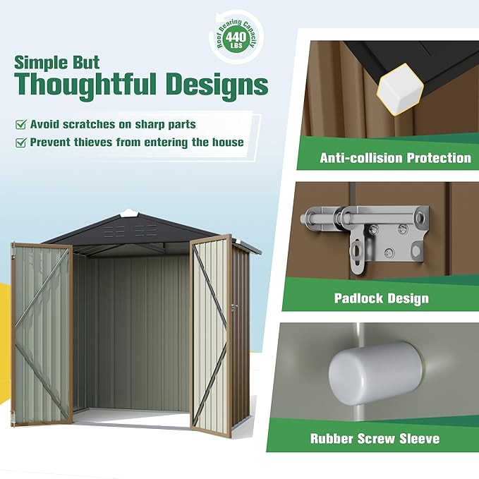 Flamaker 6x4 FT Storage Shed Waterproof Metal Garden Shed with Lockable Door Utility Tool Shed Outdoor Storage for Backyard, Patio and Lawn, Brown