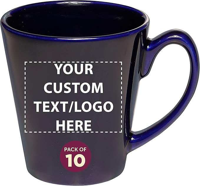 DISCOUNT PROMOS Custom Glossy Ceramic Latte Coffee Mug 12 oz. Set of 10, Personalized Bulk Pack - Perfect for Tea, Espresso, Cappuccino, Hot Cocoa - Blue