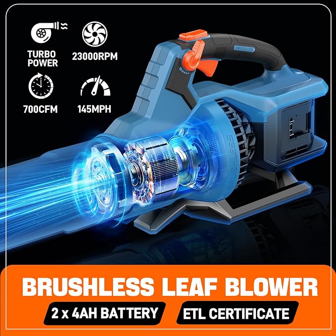 SENIX Leaf Blower Cordless, 40V Max Electric Leaf Blowers, Brushless, Handheld, Up to 700 CFM and 145 MPH, 2 Speed Mode, Cruise Control, Includes 2 x 4.0Ah Battery and Charger (BLAX2-M2)