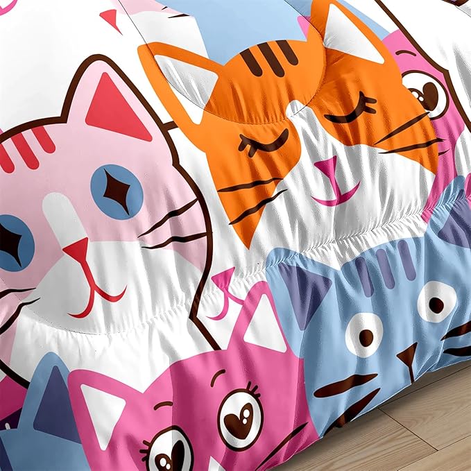 Cartoon Cat Bedding Set - 2Pcs Cute Cat Comforter Set for Bedroom Kids Boys Girls Cat Bedding Decor for All-Season Colorful Kitten Pattern Lovely Animal 1 Cat Comforter with 1 Pillowcase, Twin Size