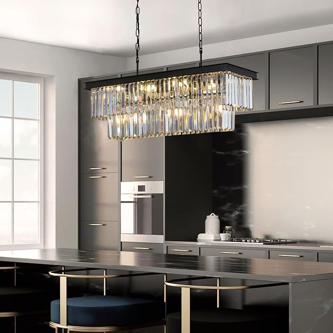 Crystal Chandeliers for Dining Room 11-Light Black Modern Chandelier Rectangle Contemporary Pendant Light Fixture for Kitchen Island Bar L33.5 Inch
