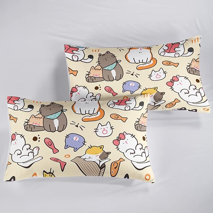 Kawaii Cat Comforter Queen,Kawaii Animals Comforter Set for Kids Teens Girls,3Pcs Bedding Set Printed Comforter with 2 Pillowcases,Down Alternative,Soft and Lightweight，Queen Size