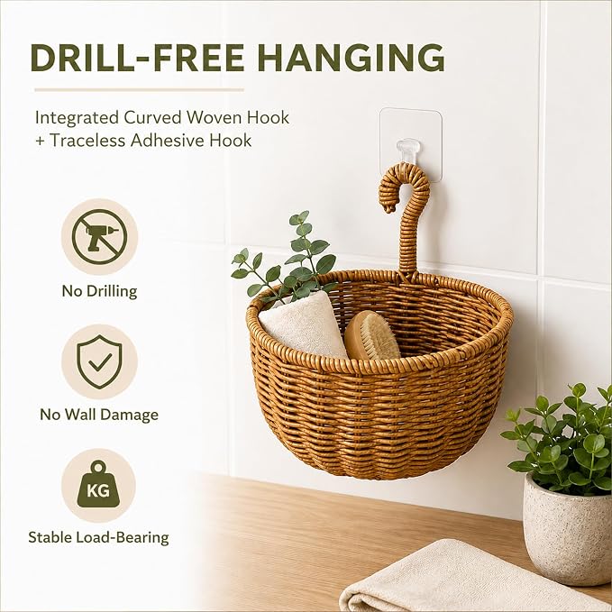 2 Pack Hanging Wall Storage Basket, Woven Rattan Organizer，COFFEE BROWN | Rustic Hand woven wall organizer with hook for kitchen, bathroom and entryway storage, Space-saving decor for modern homes