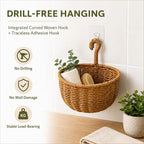 2 Pack Hanging Wall Storage Basket, Woven Rattan Organizer，COFFEE BROWN | Rustic Hand woven wall organizer with hook for kitchen, bathroom and entryway storage, Space-saving decor for modern homes