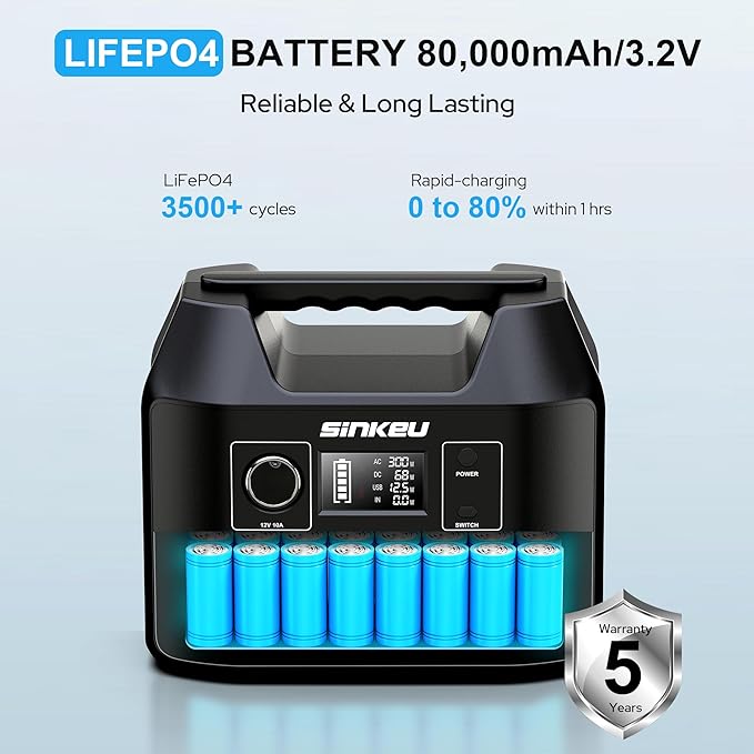 SinKeu Portable Power Station, 256Wh LiFePO4 Battery, 300W Solar Generator for Home Use, Power Bank with AC Outlets Pure Sine Wave for Camping, RV, Emergency Backup