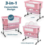 3 in 1 Travel Baby Crib,Baby Bed with Breathable Net,Adjustable Portable Bed for Infant/Baby with Detachable Mosquito net and Mattress,Pink