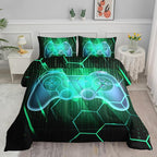 Axolotl Gamepad Comforter Set Full Size,Number Video Gaming Gamer Bedding Set,Boys Game Console Comforter Set,Geometry Hexagonal Bedding Set for Teens Men Adults,1 Quilt 2 Pillowcases,Green Black