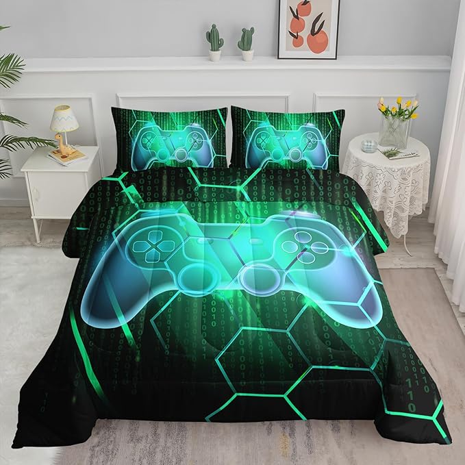 Axolotl Gamepad Comforter Set Queen Size,Number Video Gaming Gamer Bedding Set,Boys Game Console Comforter Set,Geometry Hexagonal Bedding Set for Teens Men Adults,1 Quilt 2 Pillowcases,Green Black