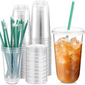 Baderke 25 Set Plastic Cups with Lids and Straws, Disposable Plastic Iced Coffee Cup for Cold Beverage Juice Smoothie Crystal for Coffee Shops Party Catering(Clear,18 oz)