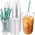 Baderke 25 Set Plastic Cups with Lids and Straws, Disposable Plastic Iced Coffee Cup for Cold Beverage Juice Smoothie Crystal for Coffee Shops Party Catering(Clear,18 oz)
