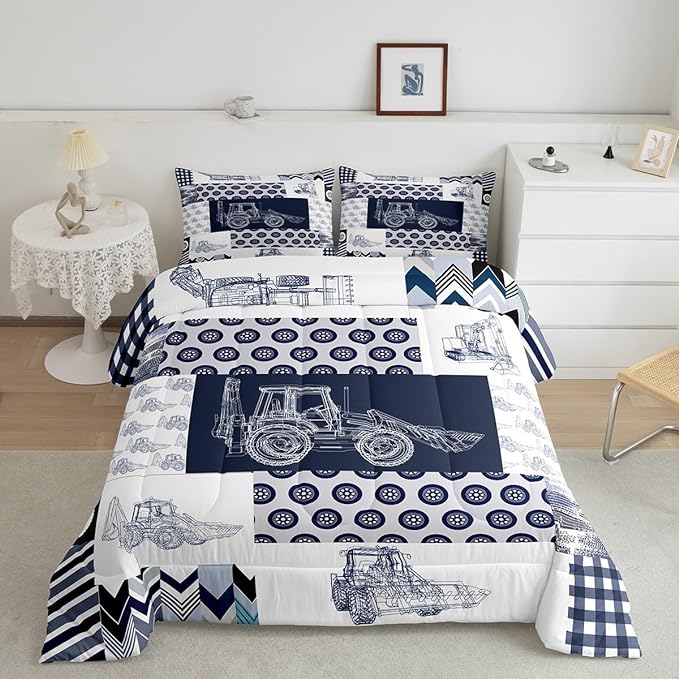 Kids Construction Comforter Set Full Size Equipment Trucks Bedding Set for Boys Cartoon Car Excavator Tractor Comforter Construction Vehicles Plaid Grid Blue and White Duvet Set