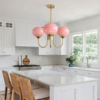 Pink Globe Chandelier for Girls Room Mid Century Modern 3 Light Pendant Lights Vintage Gold Semi Flush Dining Room Light Fixture Retro Pink Ceiling Lamp