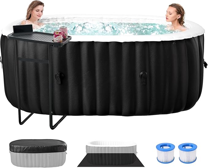 2 Person Oval Inflatable Hot Tub, 100 Air Jets, 145 Gal, Black, PVC, Oval Shape, 75' L X 47'W X 25'H