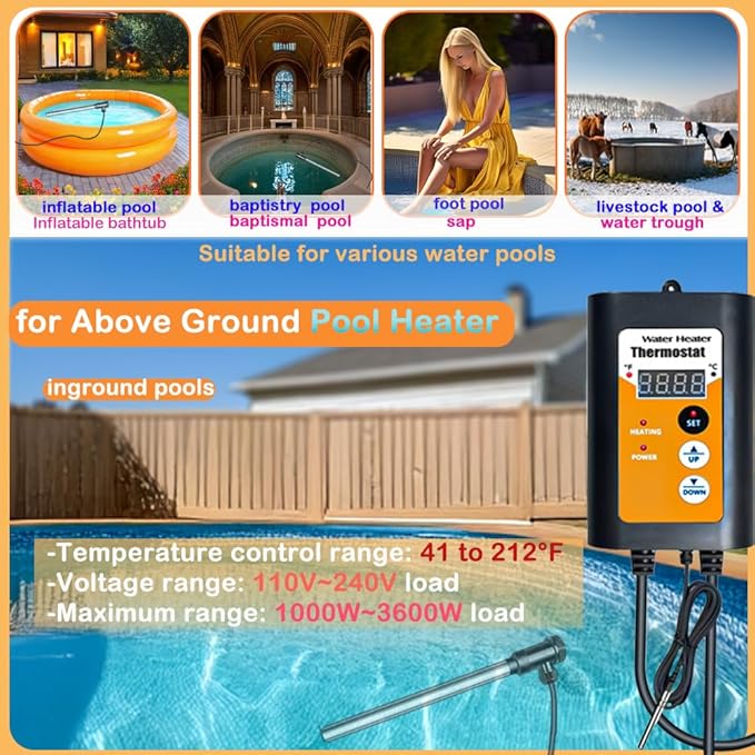 1500W Fully Submersible Electric 120V Immersion Water Heater, Hot Tub Heater, Portable Thermostat for Bathtub, Baptismal, Baptistry, Sap, Inflatable Pool, Above Ground Pool Submersible Water Heater