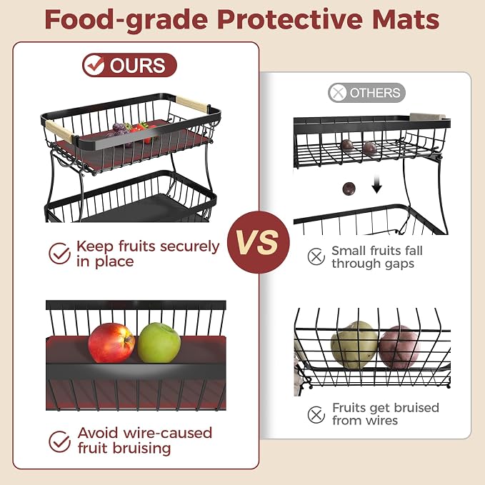 2-Tier Fruit Basket with Banana Hangers, Detachable Metal Bowl | Wooden handle, protective mats included. Versatile holder for bread, snacks, and veggies. Extra Large 2 tier metal design.