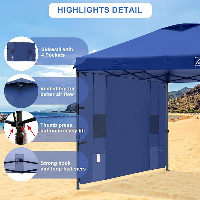KAMPKEEPER 10x10 Easy Pop Up Canopy Tent with Sidewalls, Instant Outdoor Shade Shelter with Removable 10FT Sun Walls, Quick Setup Waterproof and UV-Resistant for Patio (Navy Blue, 1 sidewall)
