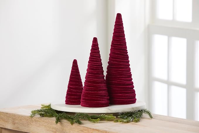 Your Heart's Content Set of 3 Burgundy Velvet Trees, Luxurious Handcrafted Home Decor, Valentine Tabletop Tree, Bookshelf Office, Winter Mantel Accents, Elegant Charm Gift for (Burgundy)