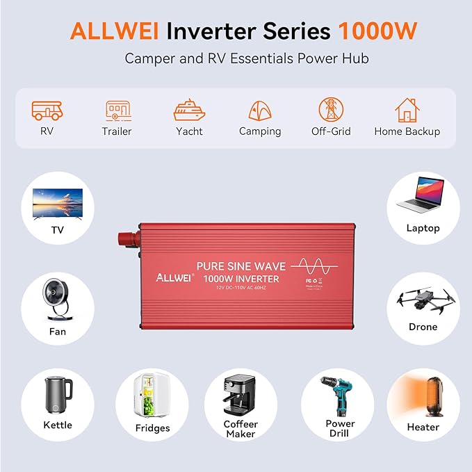 ALLWEI Pure Sine Wave Inverter - 1000 Watt Inverters 12V DC to 110V/120V AC Converter for Home, RV, Truck, Off-Grid Solar, Car Power Inverter with 2 Sockets, Power Inverters for Vehicles, 2000W Peak