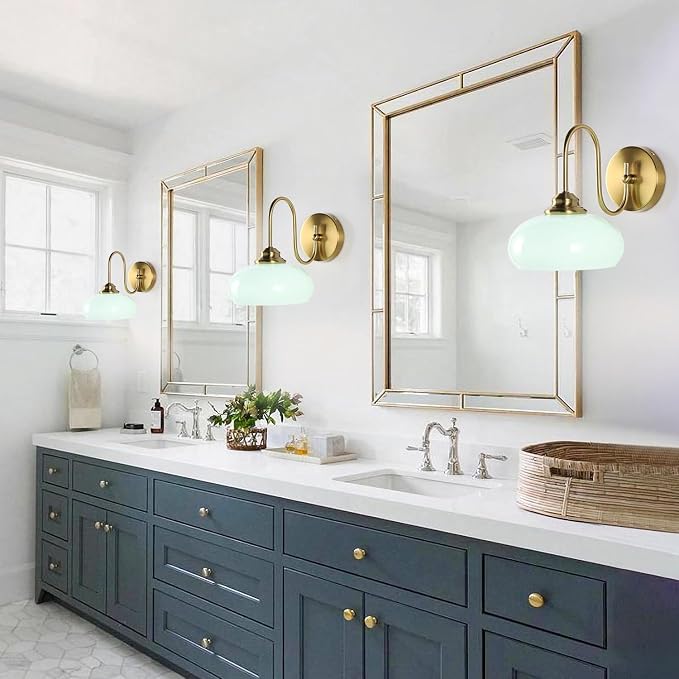 Mid Century Wall Sconce Green Glass Globe Wall Lamp for Dining Room Modern Gold Semi Flush Mount Hard-Wired Wall Light Fixture for Hallway, Kitchen, Indoor Use