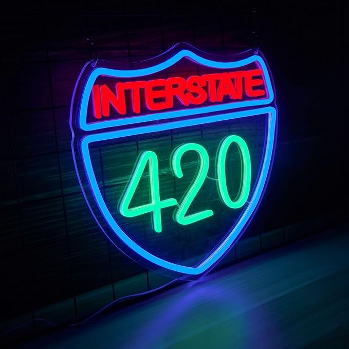 Interstate 420 Neon Sign Green Leaf Neon Signs for Wall Decor Dimmable 420 Theme Light Vintage Route Neon Light Sign for Game Room Man Cave Bar Decor Suitable Gift for Party Birthday（12.6 * 12.3inch）