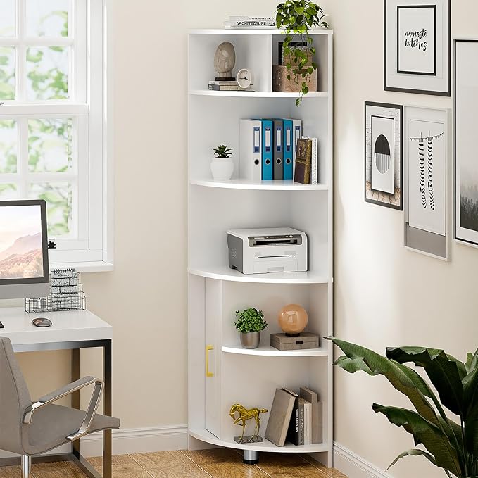 Corner Shelf 6-Tier Corner Bookcase with Drawer, Tall Corner Bookshelf Freestanding White Corner Cabinet Corner Shelves Stand for Wall Corner, Living Room, Home Office, Bedroom, Display Shelf